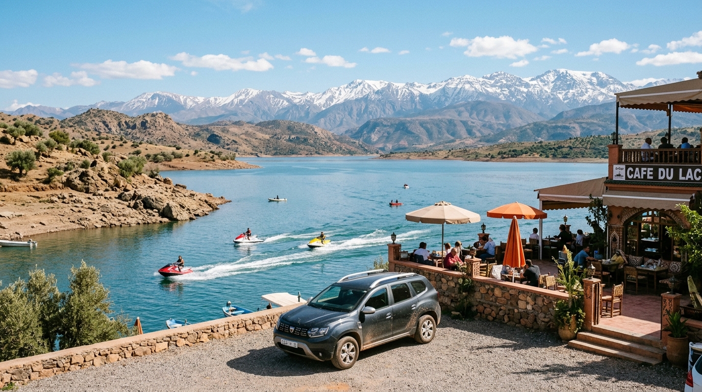 Driving to Lake Lalla Takerkoust: Jet Skis, Water Sports & Lakeside Dining